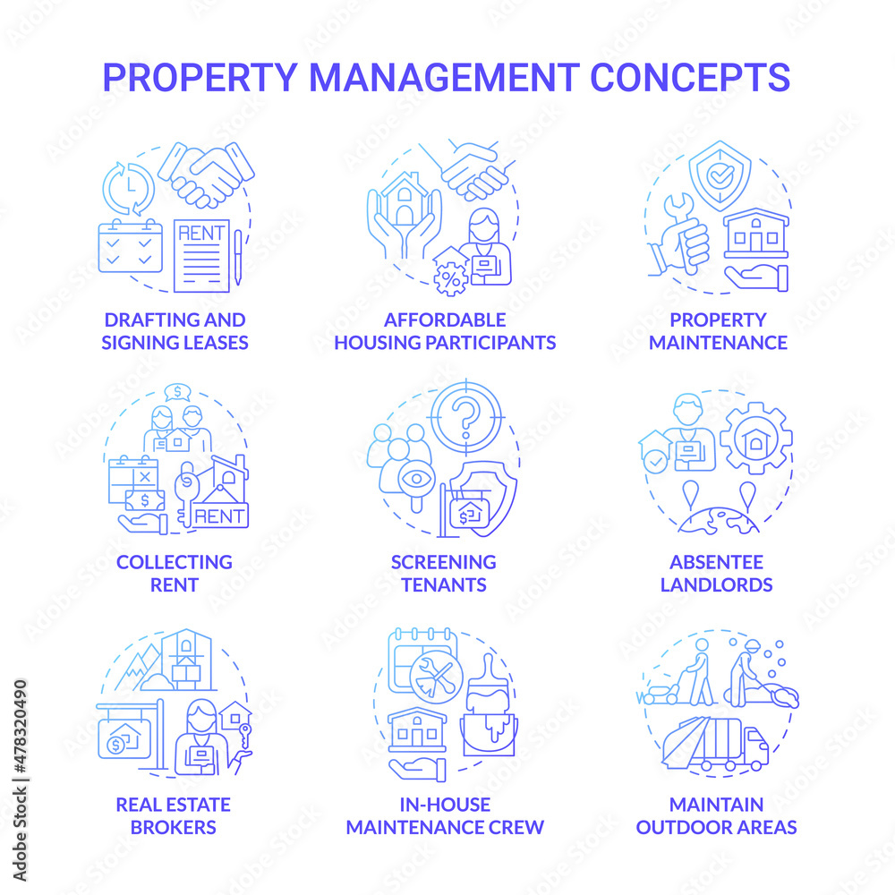 Property management blue gradient concept icons set. Real estate agency service idea thin line color illustrations. Isolated outline drawings. Roboto-Medium, Myriad Pro-Bold fonts used Property management blue gradient concept icons set. Real estate agency service idea thin line color illustrations. Isolated outline drawings. Roboto-Medium, Myriad Pro-Bold fonts used