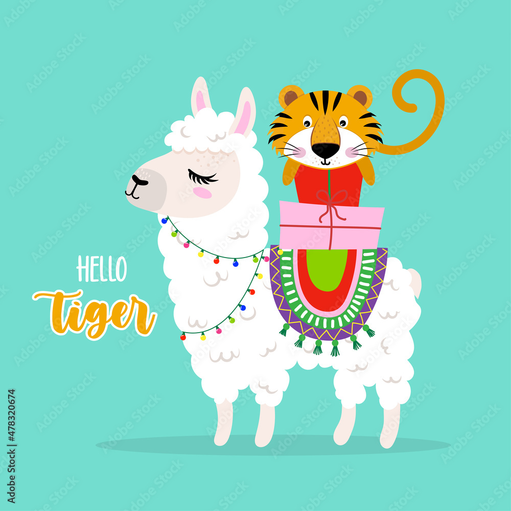 Fototapeta premium Hello Tiger - Cute llama hand drawn illustration with a tiger. Good for party inviation, greeting card, gift, shirt, mug, gift bag. Nursery room decoration. Happy Chinese new year 2022