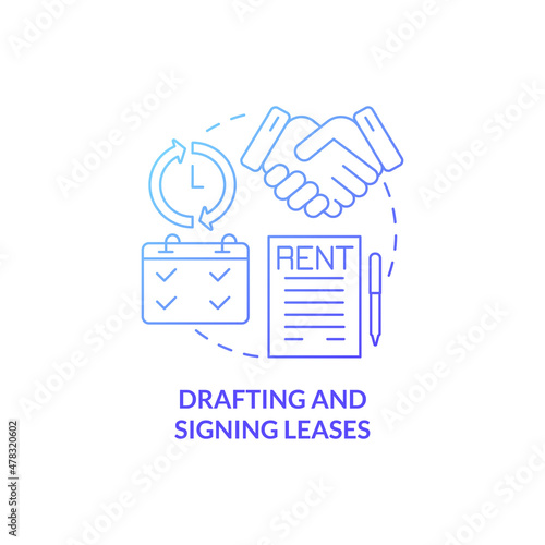 Drafting and signing leases blue gradient concept icon. Apartment rent agreement abstract idea thin line illustration. Isolated outline drawing. Roboto-Medium, Myriad Pro-Bold fonts used