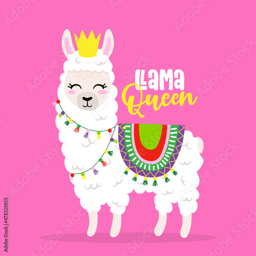Llama Queen - funny vector quotes and llama drawing. Lettering poster or t-shirt textile graphic design. Amazing llama character illustration on isolated pink background. Happy Valentine's Day.