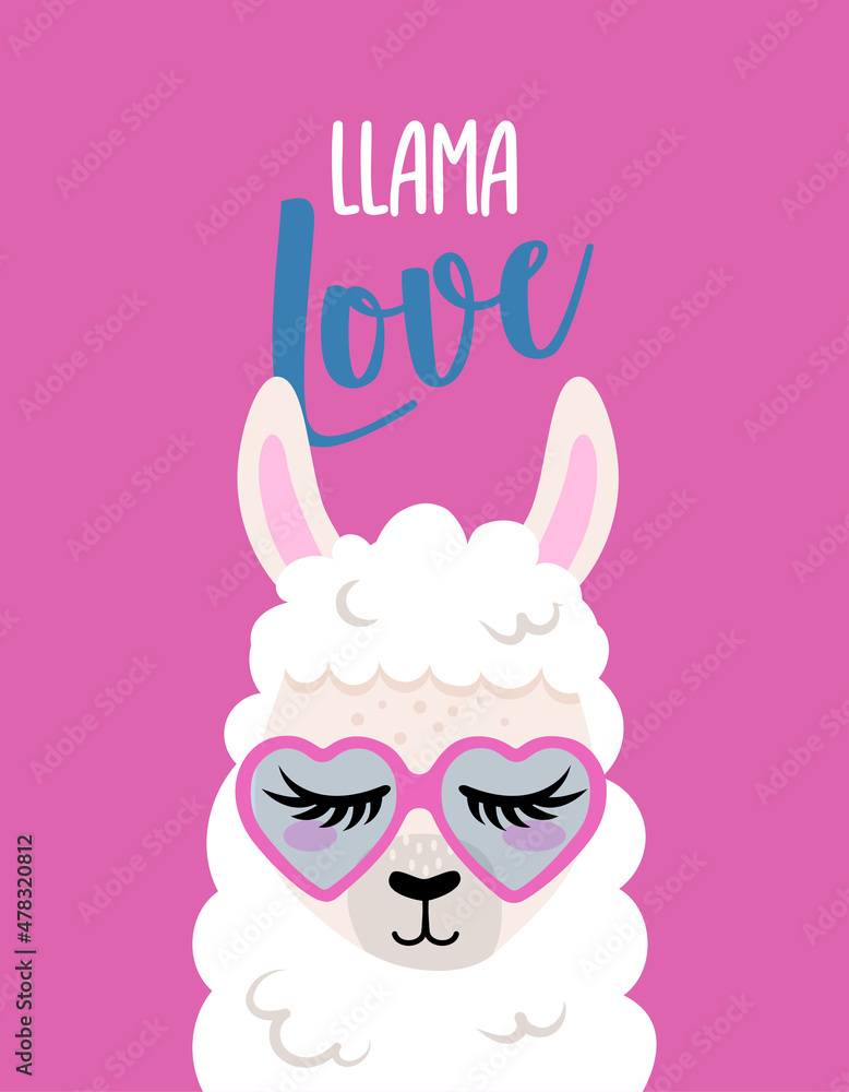Fototapeta premium Llama Love - funny vector quotes and llama drawing. Lettering poster or t-shirt textile graphic design. Amazing llama character illustration on isolated pink background. Happy Valentine's Day.