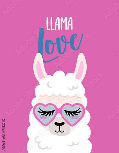 Llama Love - funny vector quotes and llama drawing. Lettering poster or t-shirt textile graphic design. Amazing llama character illustration on isolated pink background. Happy Valentine's Day.