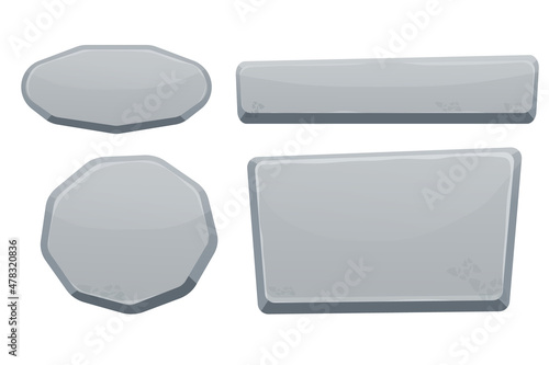 Stone buttons collection, set of rock assets in cartoon style isolated on white background. Mineral detailed objects ui game interface, app pannel.