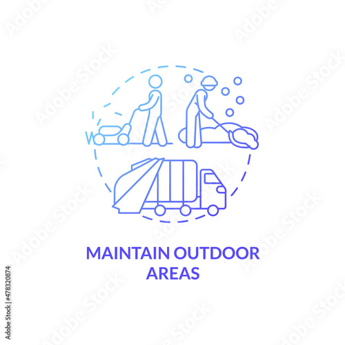 Maintain outdoor areas blue gradient concept icon. Housekeeping works for tenants abstract idea thin line illustration. Isolated outline drawing. Roboto-Medium, Myriad Pro-Bold fonts used