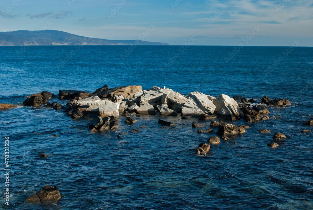 Rocks near the sea shore closeup in clear sunny day