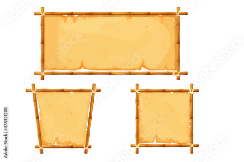 Set hawaiian bamboo frames with parchment different shapes in cartoon style isolated on white background. Empty signboard, template poster.