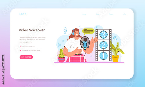 Voiceover web banner or landing page. Voice actor dubbing a movie