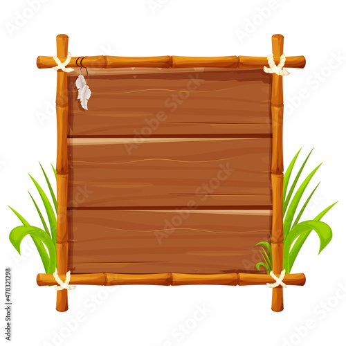 Frame from bamboo sticks, wooden planks decorated with rope, grass and liana in comic cartoon style isolated on white background. Border, jungle panel textured and detailed. Game asset, menu
