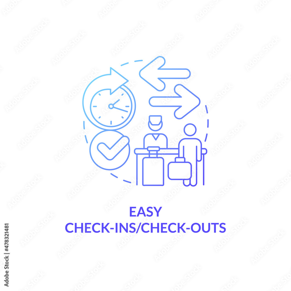 Easy check-ins and check-outs blue gradient concept icon. Real estate management system abstract idea thin line illustration. Isolated outline drawing. Roboto-Medium, Myriad Pro-Bold fonts used