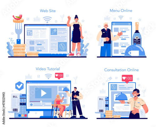 Waiter online service or platform set. Restaurant staff in the uniform,
