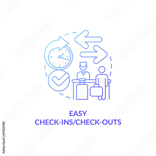 Easy check-ins and check-outs blue gradient concept icon. Real estate management system abstract idea thin line illustration. Isolated outline drawing. Roboto-Medium, Myriad Pro-Bold fonts used
