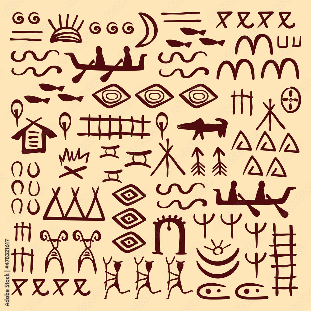 Ethnic Tribal symbols . Stylized vector illustration of rock painting background.