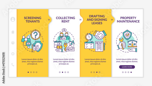 Responsibilities of property manager yellow onboarding template. Agency work. Responsive mobile website with linear concept icons. Web page walkthrough 4 step screens. Lato-Bold, Regular fonts used