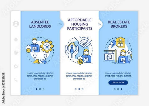 Property managers customers blue and white onboarding template. Real estate. Responsive mobile website with linear concept icons. Web page walkthrough 3 step screens. Lato-Bold, Regular fonts used
