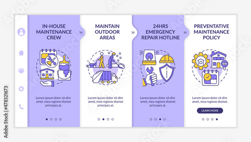 Maintenance, repairs and remodeling purple and white onboarding template. Responsive mobile website with linear concept icons. Web page walkthrough 4 step screens. Lato-Bold, Regular fonts used