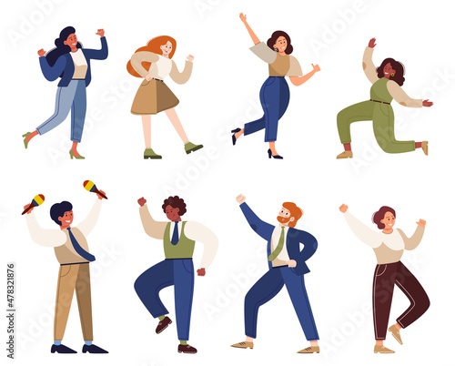 Office worker dancing set. Collection of business people in suit dancing