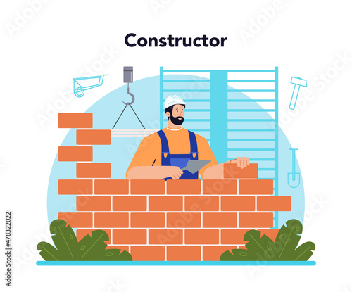 Constructor concept. House and road building process. Workers constructing