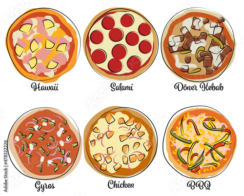 Drawing Pizza Toppings Part 03 / Zeichnungen Pizza Beläge Teil 03: Hawaii, Salami, Döner Kebab, Gyros, Chicken, BBQ