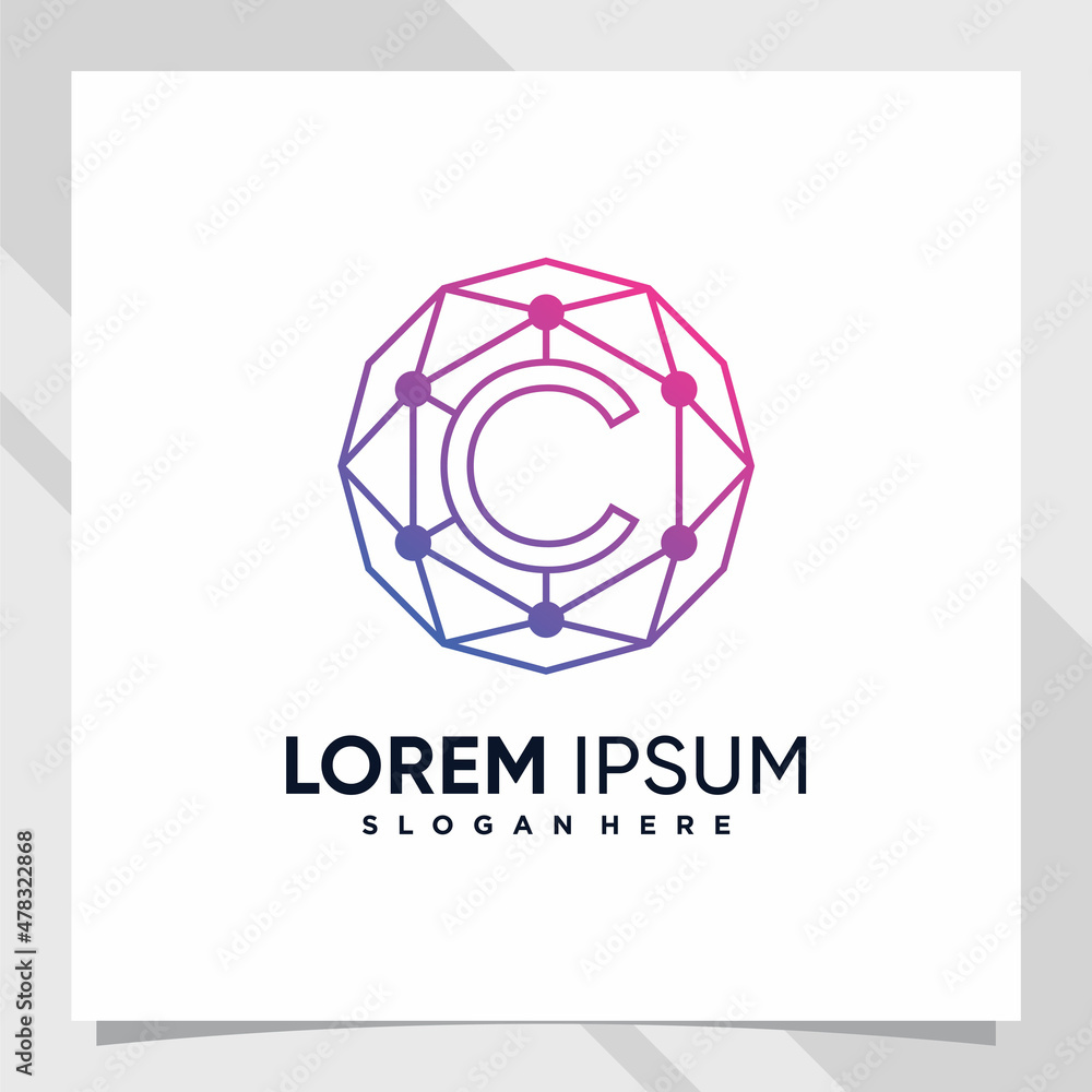 Creative technology logo design initial letter c with line art and dot style Creative technology logo design initial letter c with line art and dot style