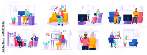 Old people try to use phone, game console, computer, tablet and laptop. Elders spend time on social media. Characters learn new technologies on internet. Women and men communicate through gadget