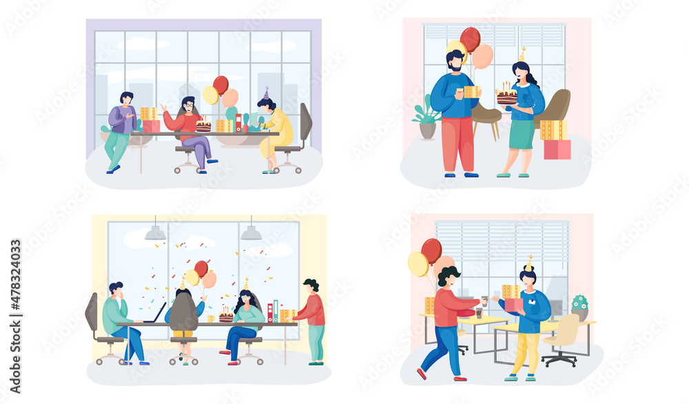 Birthday party in office flat vector illustration. Workers organize holiday, congratulate boss. Interaction, entertainment at workplace. Business team giving gifts balloonns and cake to colleague Birthday party in office flat vector illustration. Workers organize holiday, congratulate boss. Interaction, entertainment at workplace. Business team giving gifts balloonns and cake to colleague