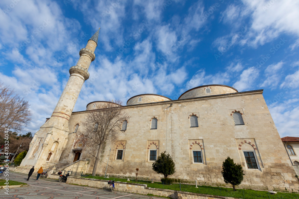 Edirne, Turkey, December 22, 2021 : Old Mosque exterior view in Edirne City of Turkey. Edirne was capital of Ottoman