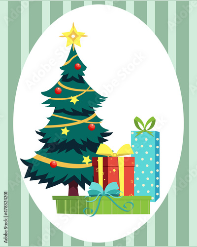 
Christmas and Happy Holidays cards with Christmas tree, gifts, frame and background. Vector Illustration.