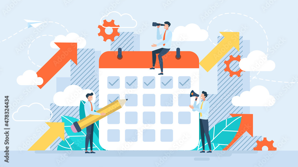 Business development strategy planning. Calendar, keeping a diary. Company organizer. Scheduling a financial or economic strategy to develop the company. Tiny characters. Flat vector illustration
