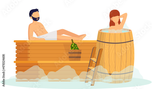 Cartoon people characters taking steam bath together. Flat vector illustration. Woman and man enjoying baths and steam, hammam with sauna whisk. Relax, health, bathhouse concept, wellness procedure