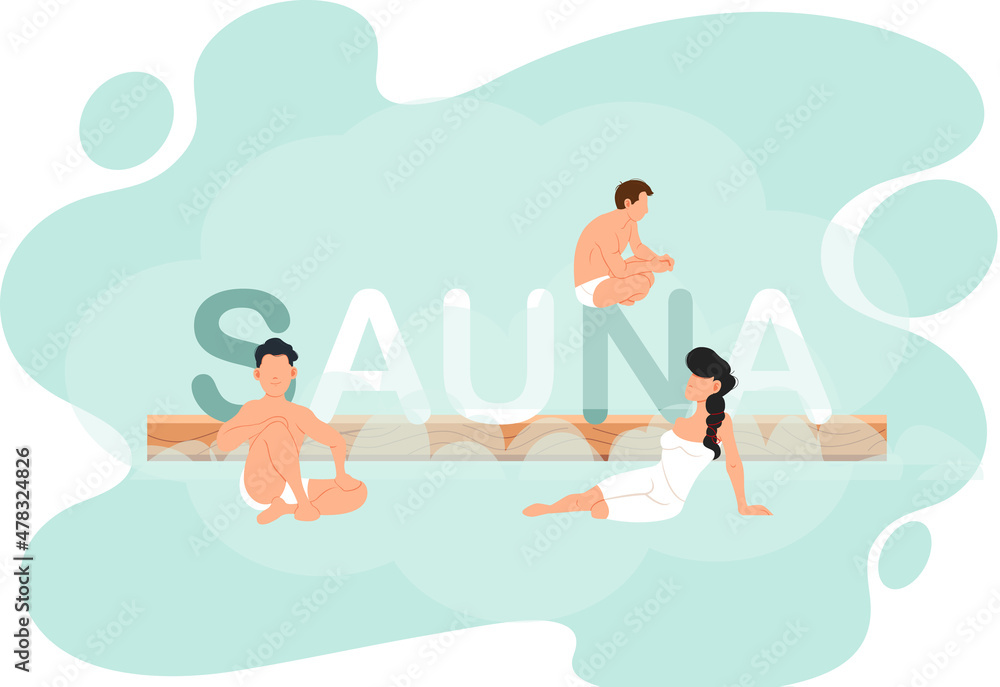 Sauna and steam room. Set of people in sauna. People relax and steam with birch brooms in traditional russian stove for female and male. Finnish bathhouse. Public sauna, Friends in spa resort