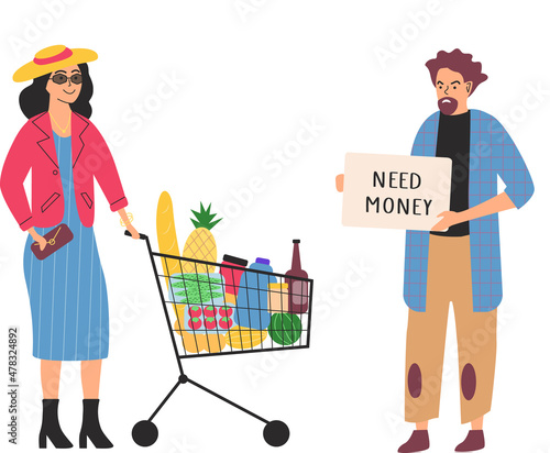 Richness and poverty concept. Sad poor homeless man and happy rich woman. Class and monetary inequality in human society. Lady with shopping cart full of purchases and unemployed guy begging on street