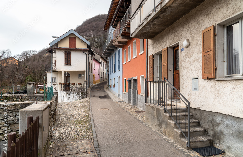 Street in the small village Gorduno, district of Bellinzona, Canton of Ticino in Switzerland.
