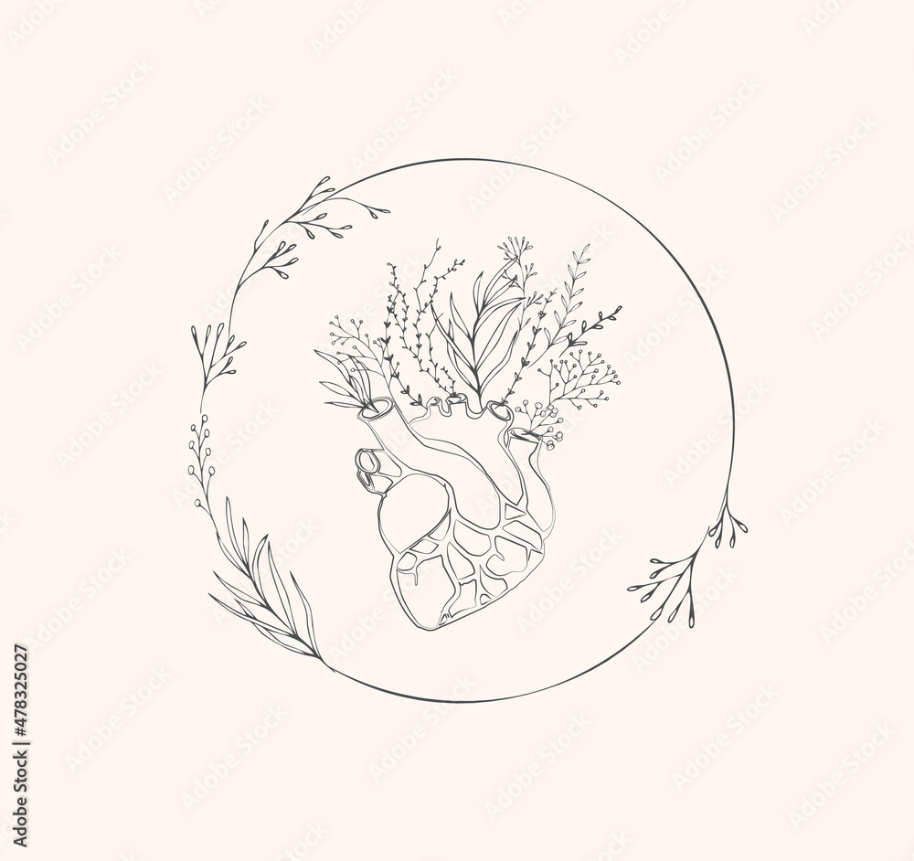 Heart with branch and flowers for tattoo t-shirt print or wall art. Hand drawn wedding herb. Botanical rustic trendy greenery. Vector Heart with branch and flowers for tattoo t-shirt print or wall art. Hand drawn wedding herb. Botanical rustic trendy greenery. Vector
