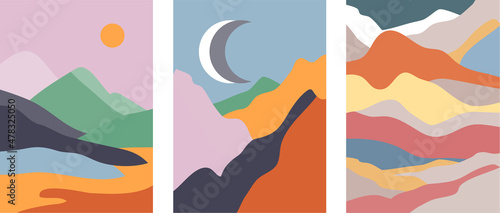 Set of abstract contemporary landscape posters in boho style. Mountain hills view with clouds, sun and moon.Mid century minimalist background for home decoration, wall decor or covers