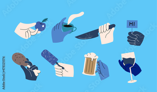 Set of colorful hands holding various stuff. Different operations and gestures. Hand drawn vector illustration