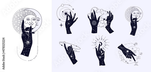 Spiritual esoteric magic logo or talisman with woman hands in silhouette style with stars, sacred geometry moon and sun. Alchemy mystic tattoo object logo template. Vector