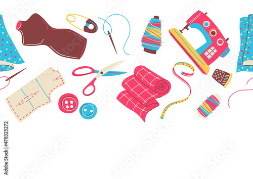 Seamless pattern with needlework sewing items. Handicraft and hand made. Feminine creativity hobby and shopping.