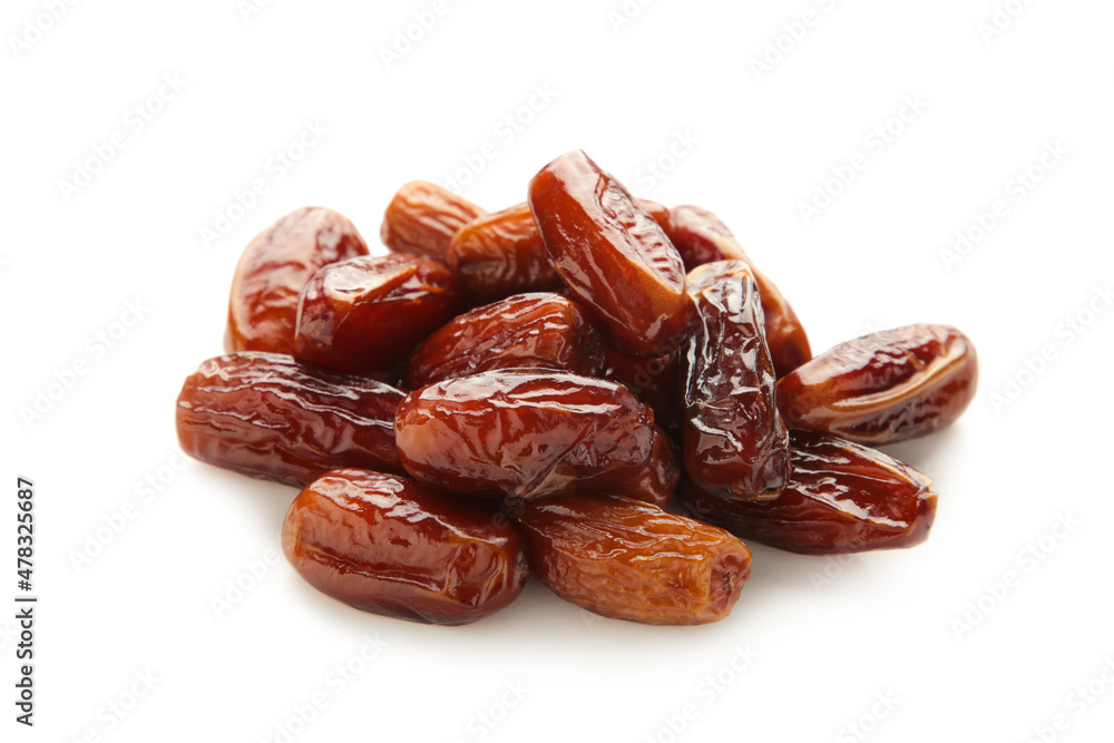 Dried dates isolated on white background. Top view. Dried dates isolated on white background. Top view.