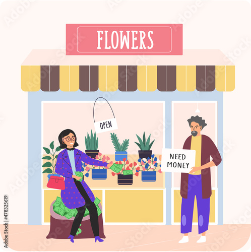 Rich and poor people, man without money and millionaire sitting on bags of dollars. Unemployed guy and successful businesswoman gives money to street beggar standing near flower shop. Richness poverty