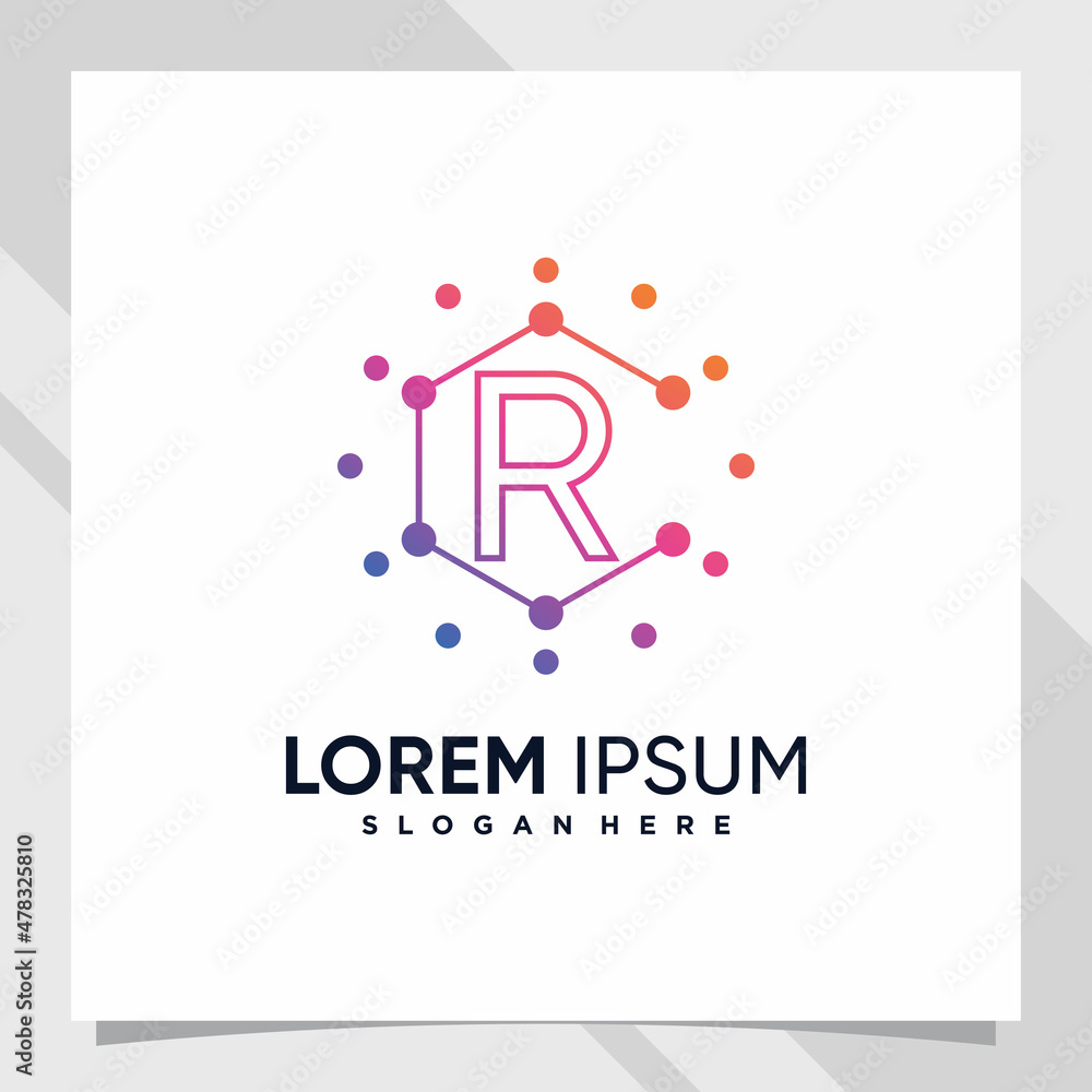 Creative technology logo design initial letter r with line art and dot style Creative technology logo design initial letter r with line art and dot style