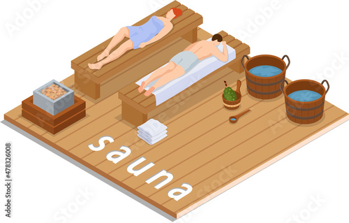 Cartoon people characters taking steam bath together. Flat vector illustration. Woman and man enjoying baths and steam, hammam with sauna whisk. Relax, health, bathhouse concept, wellness procedure