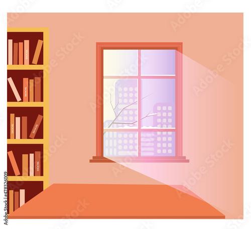 Window overlooking the winter city. Room with bookcase and a table. 