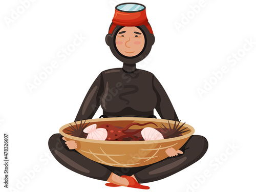 Scuba diver found seabed dwellers underwater. Swimming diver isolated in cartoon style. Man in wetsuit sits holdng shellfish, sea urchin and octopus. Aquaitic tourism, extreme hobby, dive to depth