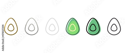 Avocado in different styles. Icon. Contour pattern. Available in gold, silver, white, gray, black. Linear graphics. Doodles. Emblem, badge, silhouette. Vector.