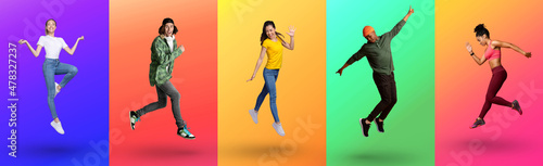 Obraz na plátně Cool young diverse people jumping up and expressing excitement on color neon stu