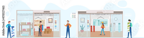 People choose carpet for home in textile shop, equip interior with rug. Design, decoration, choice, shopping, work concept. Selection material or carpeting, interior design, buyers in flooring store