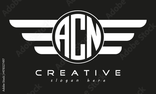 ACN three letter monogram type circle letter logo with wings vector template.