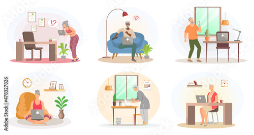 Elderly people working on laptop at home. Old cartoon characters looking at computer monitor set. Senior men and women dealing and working with gadgets. Mastering modern technologies concept