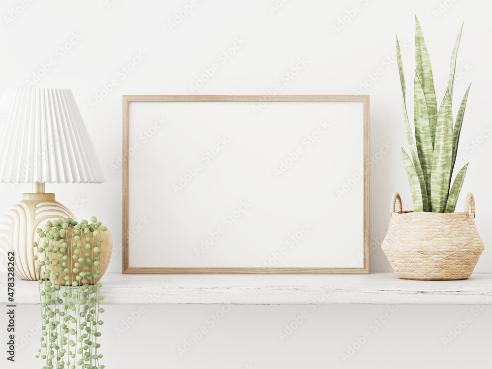 Horizontal poster mockup with blank wooden frame in white interior with ...