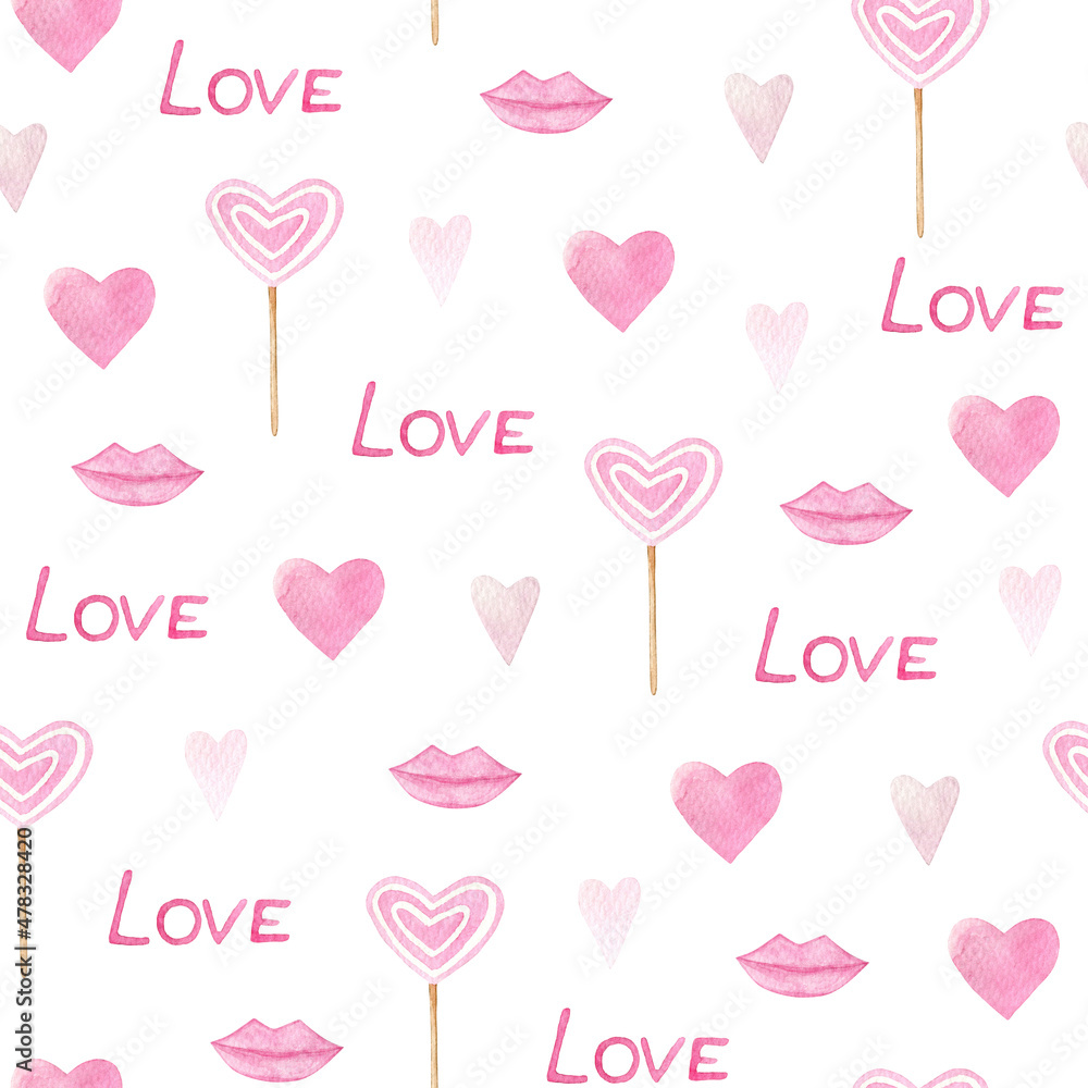 Watercolor seamless pattern with pink hearts, lips and candy. Isolated on white background. Hand drawn clipart. Perfect for card, textile, tags, invitation, printing, wrapping.